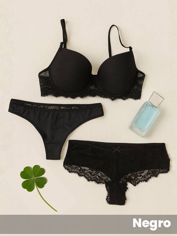 Conjunto soft 3 piezas en microfibra y puntilla con colaless y tangaless