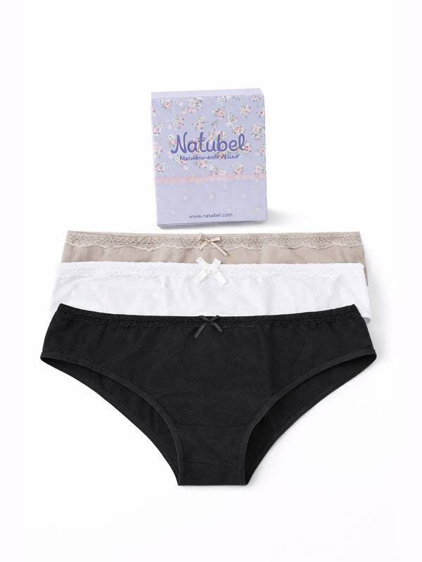 Pack x3 bombacha tiro Corto en Algodón con Lycra con Puntilla talle L