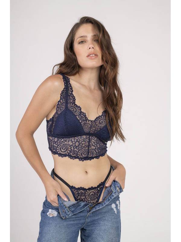 Conjunto Santorini Corpiño Triángulo  con Base Larga y Less Puntilla