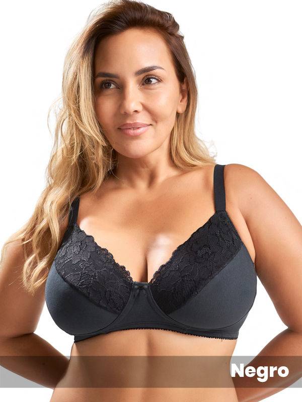 Soutien confort de tasa doble, sin arco de algodón, lycra y puntilla