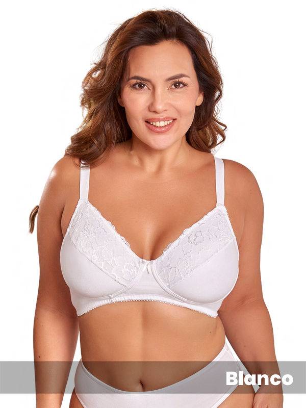 Soutien confort de tasa doble, sin arco de algodón, lycra y puntilla