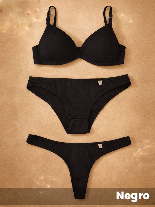 Conjunto 3 piezas triangulo taza soft cola-less y vedetina, algodon y lycra