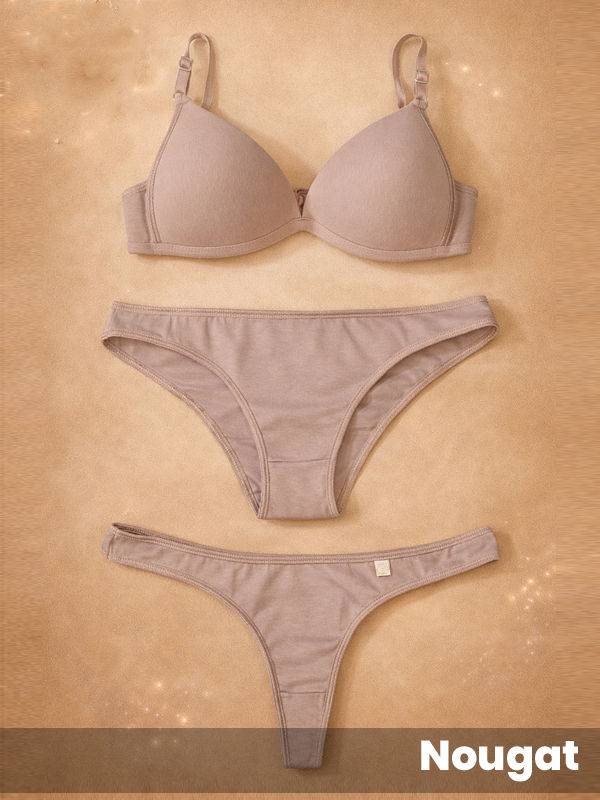 Conjunto 3 piezas triangulo taza soft cola-less y vedetina, algodon y lycra